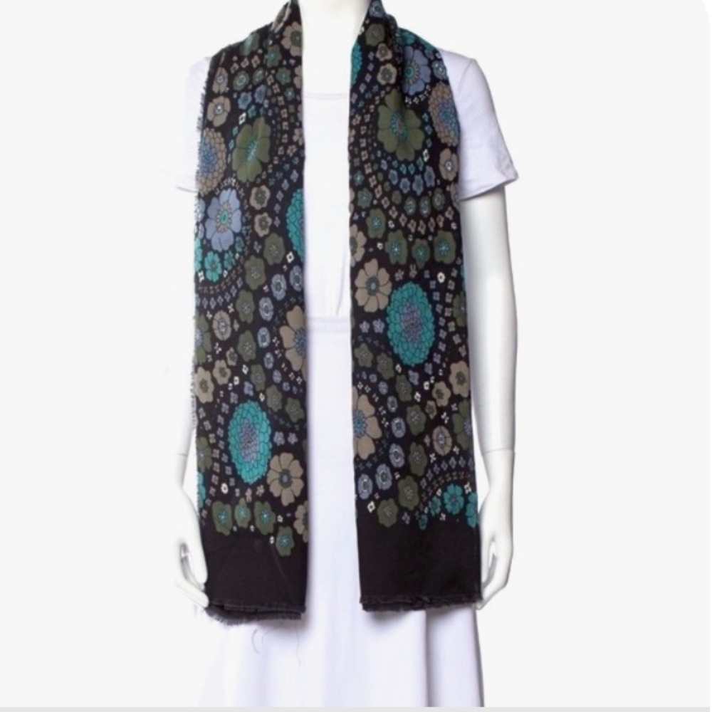 MARC JACOBS Large Wool Silk Black Olive Retro Floral Wrap Scarf Raw Edges NWOT